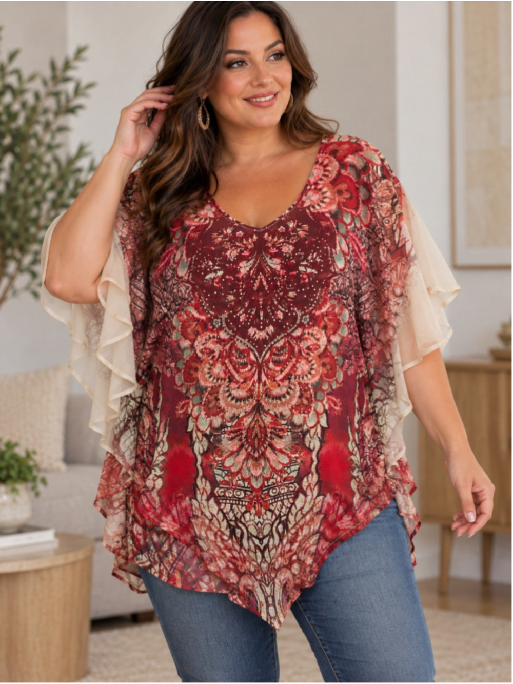 Christopher & Banks Blouse Red Beige Floral Flutter Sleeve Top Women's Size 1X